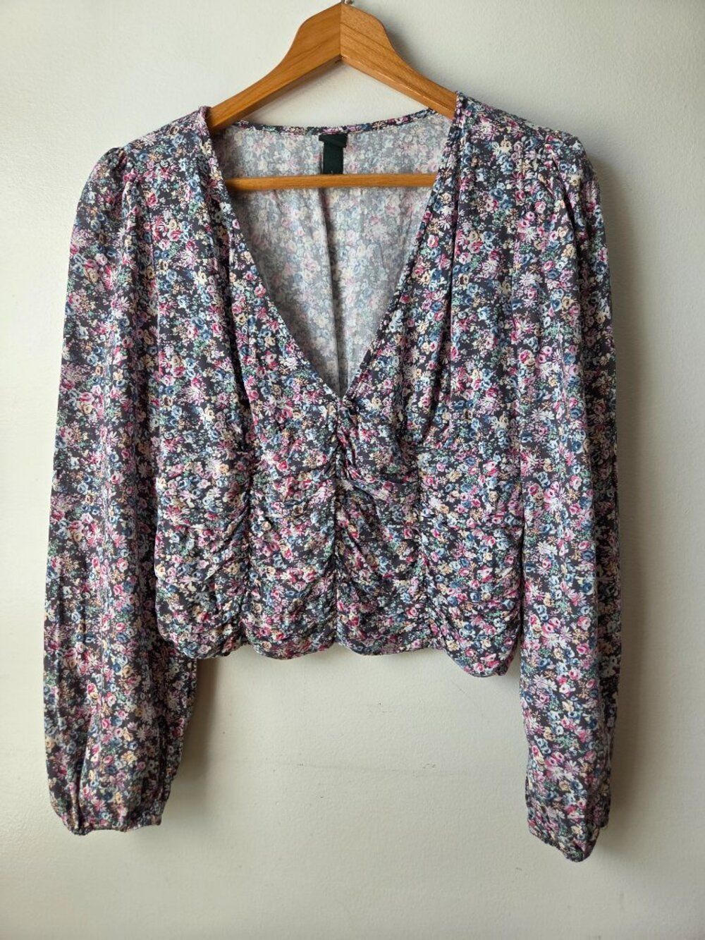 EUC WILD FABLE DEEP V NECK DITSY FLORAL CORSET STYLE TOP LONG SLEEVE SZ L